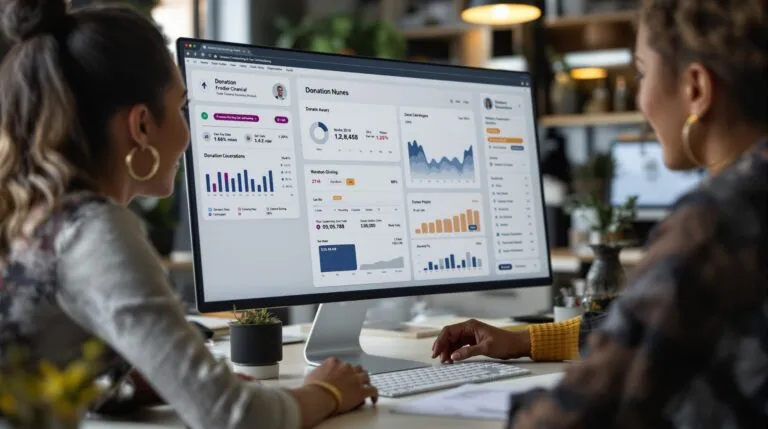 Nonprofit fundraiser reviewing a donation dashboard with campaign progress and recurring giving metrics
