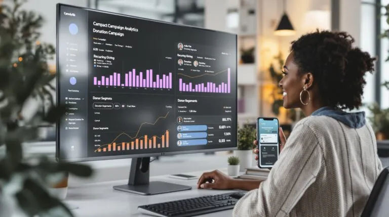 Nonprofit fundraising analytics dashboard showing donation trends and recurring support performance